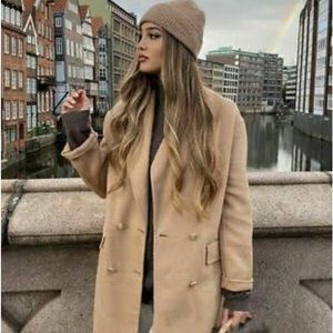 ZARA Manteco Wool Blend Double Breasted Buttoned Coat In Camel XS